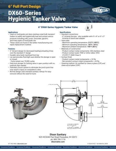 DX60-Series Hygienic Tanker Valve 6” Full Port Design